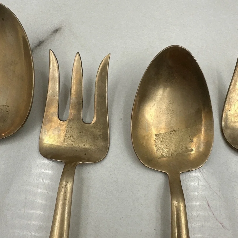 Siam Bronze Serving Set Brass Teakwood  Kee Teck Flatware Hindu Buddhist Bangkok